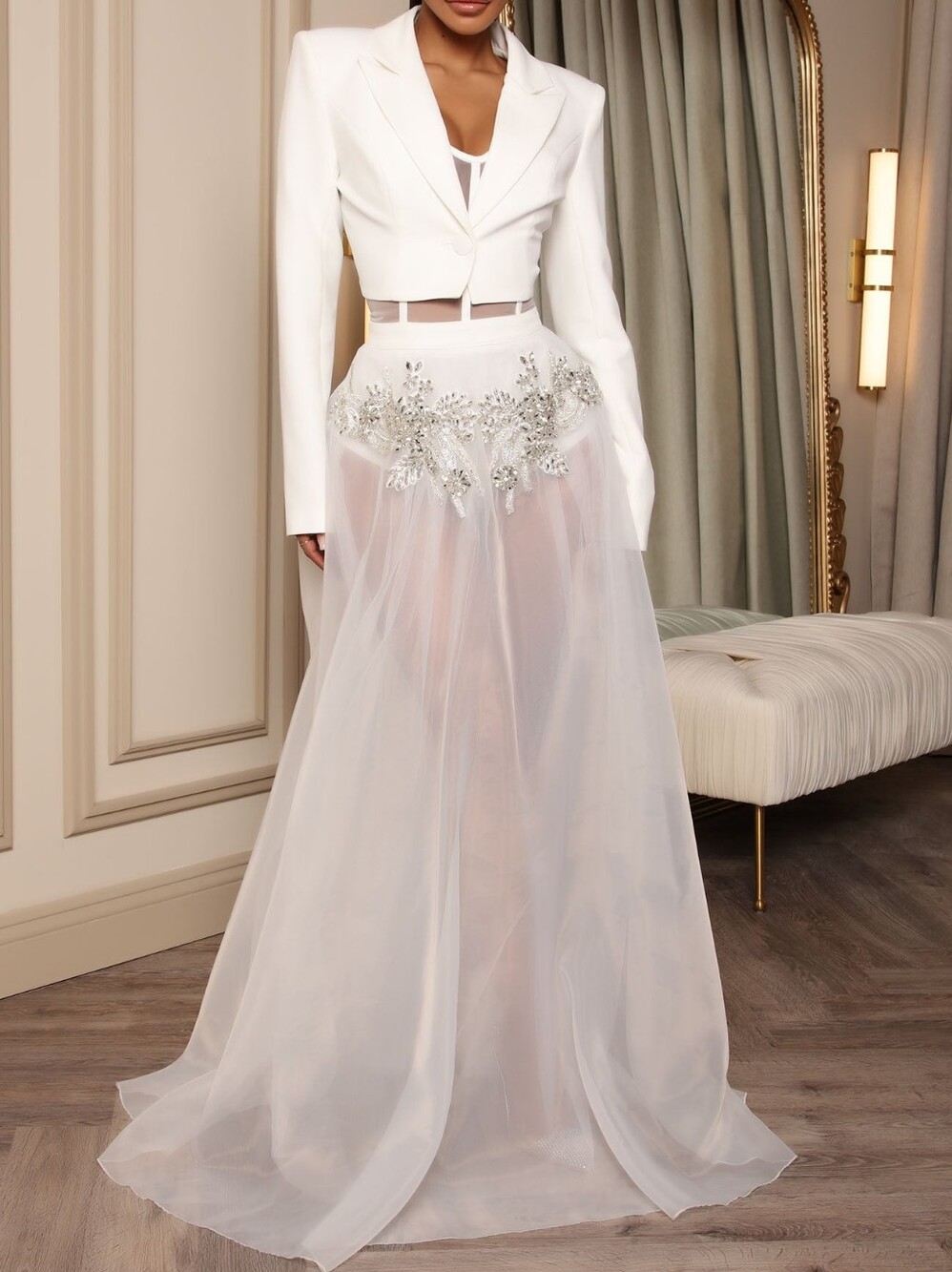 BRAND NEW Elegant White Two-Piece Embellished Maxi Skirt with Blazer Set
